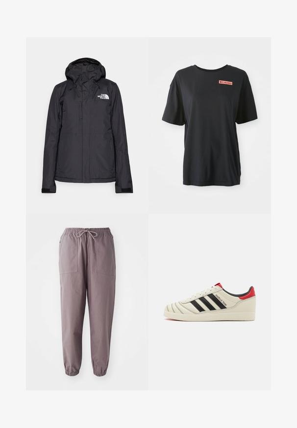 Črna vodoodporna jakna z nastavljivo kapuco, dvema žepoma z zadrgo in ventilacijo. Značilnosti vključujejo logo na prsih in elastične manšete za varen oprijem.; Črna bombažna majica s kratkimi rokavi, sproščenega kroja, z rdečim pravokotnim logotipom na levi prsni strani. Gladka tekstura in preprost dizajn.; Sive elastične hlače z vrvico v pasu, z dvema sprednjima žepoma in ozkimi gležnji, prikazane na belem ozadju.; Kremni usnjeni športni copati z črnimi črtami, rdečimi detajli na petah in strukturiranimi elementi. Opremljeni so z gumijastim podplatom in vezalnim zapiranjem.