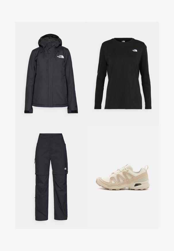 Black waterproof jacket with adjustable hood, two zippered pockets, and ventilation. Features logo on chest and elastic cuffs for a secure fit.; Black long-sleeve t-shirt made of cotton with a round neck. Features a small white logo on the left chest area. Simple design and fit.; Black nylon zip-off cargo trousers with adjustable cuffs, multiple pockets, and a logo on the right leg. Smooth, lightweight texture.; Beige and cream athletic shoe with textured mesh upper, supportive overlays, and rubber outsole featuring a tread pattern for traction.