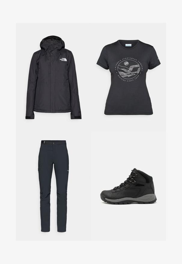 Svart vanntett jakke med justerbar hette, to glidelåslommer og ventilasjon. Har logo på brystet og elastiske mansjetter for en sikker passform.; Svart Columbia t-skjorte med hvit sirkulær fjell- og elvlinjekunst og tekst "Columbia Sportswear Company Outside Since 1938."; Herre utendørsbukser, mørkegrå, laget av fleksibelt materiale, med belte, glidelåslommer og forsterkede sømmer.; Sorte turstøvler med mid-topp design, som har en teksturert overdel, grå detaljer og slitesterk gummisåle med godt grep.