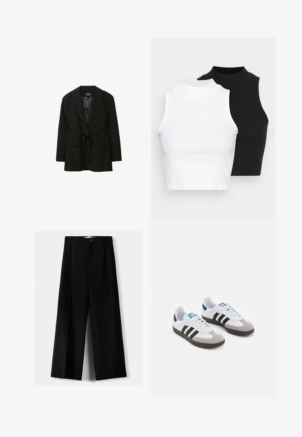 Črna blazer jakna s strukturiranim dizajnom, ki ima povezavo v pasu, dva sprednja žepa in satenasto notranje podlogo. Narejena je iz gladkega materiala.; Dva brezrokavniki z rebrasto turtleneck gorami v črni in beli barvi, z oblikovanim dizajnom in gladko teksturo, v skrajšani dolžini.; Črne široke hlače iz lahkega materiala, z zapiranjem na gumb spredaj in ravnim sprednjim delom, s skrbno zašiti robovi.; Športni čevlji z belim usnjenim zgornjim delom, sivim semišem na prstih in tremi črnimi črtami. Imajo modro logo na jeziku in teksturiran gumijast podplat.