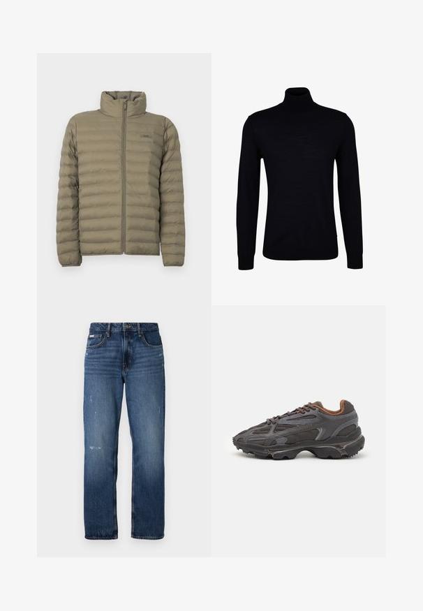 Geplüschte Jacke in Olivgrün mit hohem Kragen, durchgehendem Reißverschluss und horizontaler Steppstruktur. Markenlabel auf der Brust sichtbar.; Schwarzer Rollkragenpullover aus einem glatten Strickstoff. Verfügt über lange Ärmel, einen eng anliegenden Kragen und gerippte Bündchen sowie Saum für eine optimale Passform.; Blaue Denim-Jeans mit geradem Bein. Sie verfügen über ausgewaschene Bereiche und leichte Abnutzungsspuren auf der Vorderseite sowie einen klassischen Knopfverschluss.; Lacoste Sneaker in Dunkelgrau aus Mesh und Synthetikmaterial, mit einer strukturierten Sohle und braunen Akzenten am Kragen und Logo.