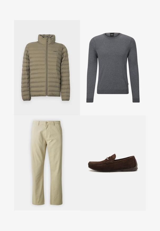 Giacca imbottita di colore verde oliva, caratterizzata da un alto colletto, zip frontale completa e texture trapuntata orizzontale. Etichetta del marchio visibile sul petto.; Maglione grigio a collo rotondo realizzato in morbido tessuto a maglia. Presenta maniche lunghe, polsini e orlo a coste, e una piccola etichetta con logo sul lato.; Pantaloni in cotone beige dal design a gamba dritta, con chiusura frontale a bottone e passanti per cintura. Tessuto liscio, senza motivi o dettagli visibili.; Mocassini in suede marrone con un design cucito, texture sottile, punta arrotondata e accentuazioni in metallo argentato. Suola bassa in gomma per il comfort.