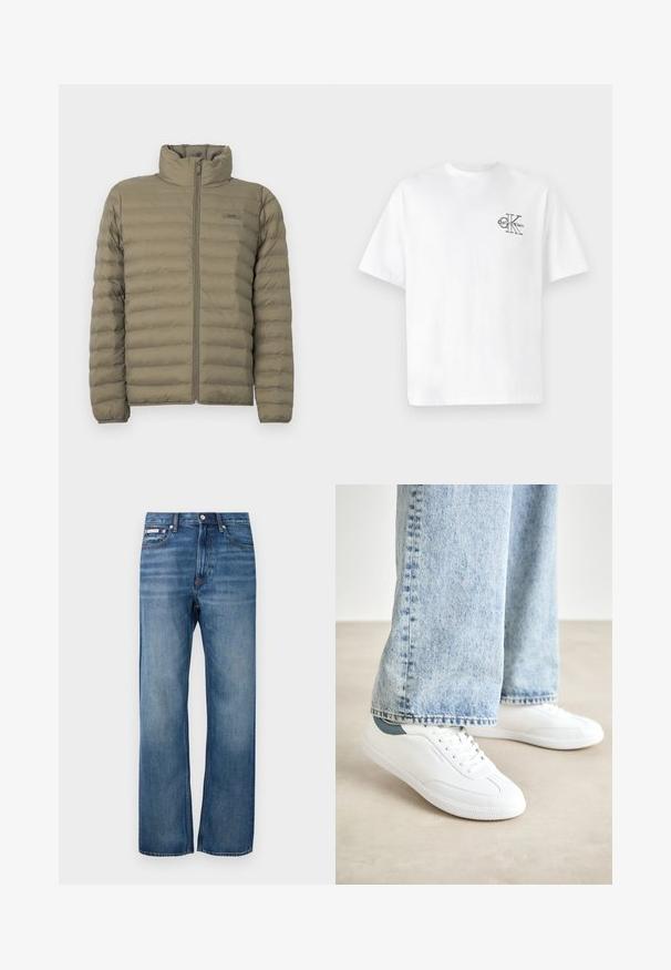 Pehmeda jope oliivrohelises värvitoonis, millel on kõrge krae, täispikkuselt lukuga esiosa ja horisontaalne õmmeldud tekstuur. Brändi silt on nähtav rinnal.; Valge puuvillane T-särk lühikeste varrukatega, ümmarguse kaelusega, mille vasakul rinnal on must CK logo, tavaprofiil, sile tekstuur.; Sinised sirged denim-laid püksid väheseäfadeeringuga, ees nupuga kinnitatud ja väike logo silt paremas ees taskus.; Valged spordijalatsid sileda materjaliga, nööridega mudel, tekstuurne kummitald ja türkiissinine aksent kandadel, koos heledate siniste teksadega.