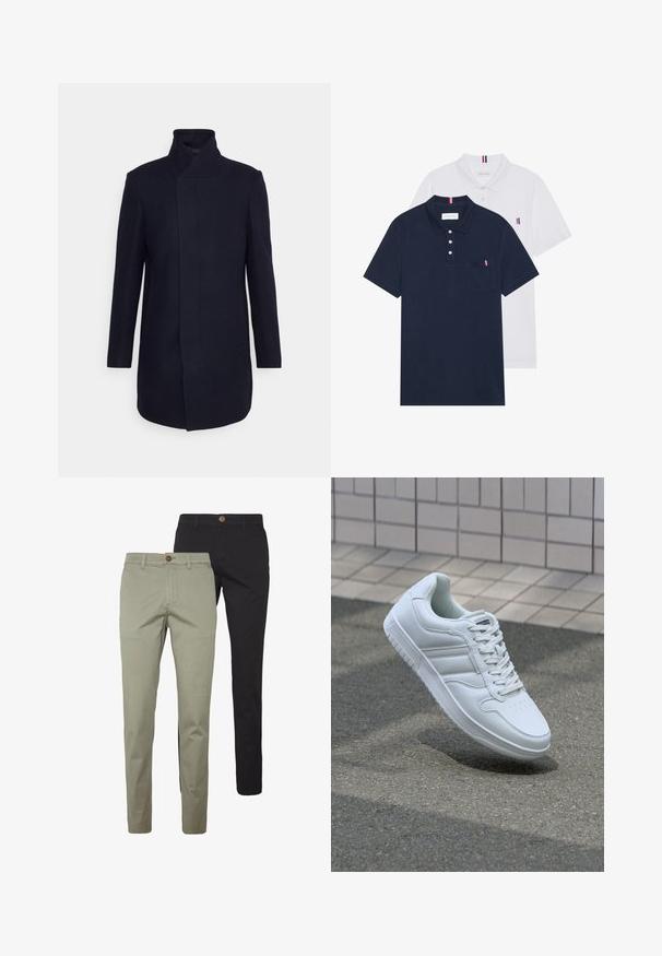 Manteau en mélange de laine bleu marine avec un col haut, un design ajusté, des manches longues et des poches latérales. Texture douce et style minimaliste.; Deux polos : un bleu marine et un blanc, tous deux avec un petit accent rouge, blanc et bleu sur la poche poitrine et le col.; Deux paires de pantalons ajustés : l'une en coton beige clair avec un détail de bouton, l'autre en coton noir uni, toutes deux avec des poches latérales.; Baskets blanches de sport avec une tige en cuir lisse, un laçage à l'avant, une pointe perforée et une semelle à motifs. Design minimaliste avec trois bandes latérales.