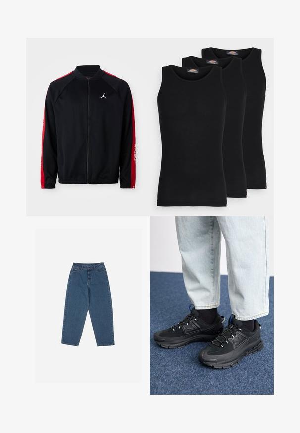Melnā sporta jaka ar rāvējslēdzēju, kurai ir sarkanas svītras uz piedurknēm, elastīgas aproces un baltas Jumpman logo kreisajā krūtī.; Melni bezpiedkakla topi trīs komplektā. Ribota tekstūra, standarta apaļā izgriezumā, bez piedurknēm. Apakšmalā ir neliela zīmola logo.; Zilā džinsu auduma bikses ar brīvu piegriezumu, augstu jostasvietu, piecu kabatu dizainu un šuvju akcentiem. Iekļauts pogu un rāvējslēdzēja aizdare.; Melni sporta apavi ar strukturētu audumu un gumijas zoli, ar elastīgām auklām un zilu akcentu uz papēža. Nēsāti ar gaišām džinsu biksēm.