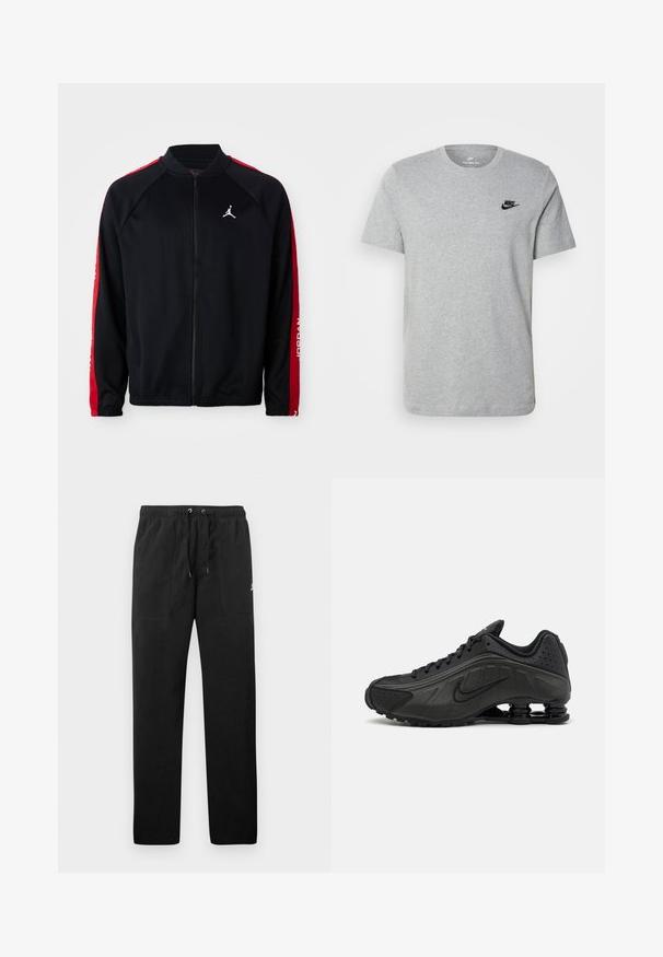Crna sportska jakna na zip s crvenim prugama na rukavima, elastičnim manžetama i bijelim Jumpman logom na lijevoj strani prsnog dijela.; Siva kratka majica s kratkim rukavima od pamuka, s crnim Nike logotipom na prsima i okruglim izrezom. Minimalistički dizajn bez uzoraka.; Crne trenirke od flisa, s elastičnim pojasom i vezicama, dva prednja džepa i mali logo na butini.; Crne trkačke cipele s glatkim sintetičkim gornjim dijelom, perforiranim detaljima, teksturiranim bočnim panelima i karakterističnim elastičnim potplatom.