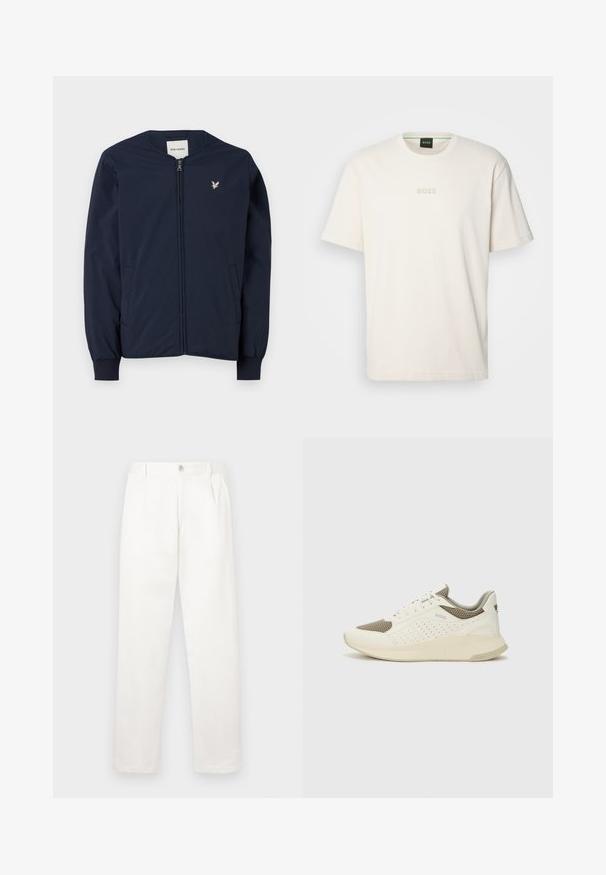 Marinblå bomberjacka med dragkedja framtill, ribbade ärmslut och en liten broderad logotyp på bröstet. Slät, lättvikts tyg. Två sidofickor.; BOSS TEE - T-shirt - bas - open white; Vita byxor i ett mjukt tyg, med rak benform, framfickor och en enda knappstängning i midjan.; Vit och ljusbeige atletisk sneaker med ett meshöverdrag, perforerade detaljer och en texturerad mellansula med varumärke på hälen.