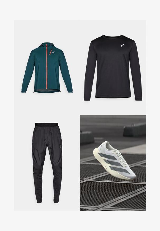 Teal lightweight jacket with long sleeves, adjustable hood, orange zipper and accents, and reflective logo on the chest.; Black long-sleeve athletic shirt made of textured fabric, featuring a round neckline and a small logo on the chest.; Black athletic pants with a stretchy waistband, side pockets, and contrasting texture panels on the legs. Asics logo on the hip.; White athletic shoe with a textured mesh upper, featuring grey stripes and a cushioned sole. Lightweight design suitable for running.