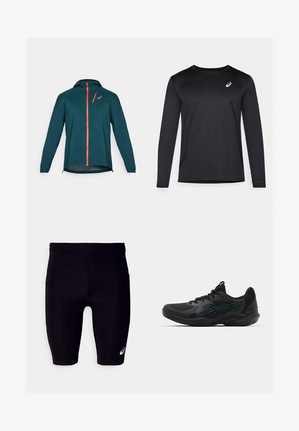 Teal lightweight jacket with long sleeves, adjustable hood, orange zipper and accents, and reflective logo on the chest.; Black long-sleeve athletic shirt made of textured fabric, featuring a round neckline and a small logo on the chest.; Black athletic shorts made of stretchy material, featuring a tight fit, knee-length design, and a small white logo on the lower side.; ASICS SOLUTION SPEED FF 3 CLAY - Clay court tennis shoes - black/prism blue