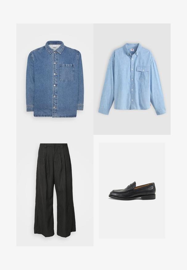 Džínová košile, modrá, s dlouhými rukávy a zapínáním na knoflíky vpředu. Má špičatý límec a jedno náprsní kapsu. Texturovaná tkanina.; Světle modrá košile na knoflíky vyrobená z chambray látky. Má límeček, dlouhé rukávy a náprsní kapsu s klopou a knoflíkem.; Černé široké kalhoty s pruhy a sklady, s propracovaným střihem a jemnou texturou. Žádné viditelné kovové díly ani akcenty.; Černé kožené mokasíny s hladkým povrchem, zaoblenou špičkou a dekorativním prošíváním na svršku. Nízký podpatka a mírný lesk.