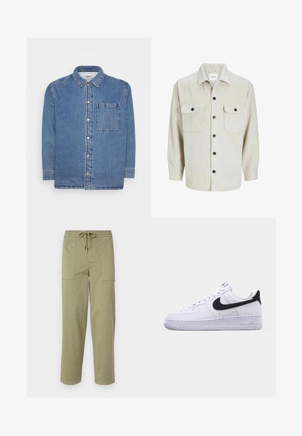 Denimskjorta, blå, med långa ärmar och knäppning framtill. Har en spetsig krage och en enskild bröstficka. Strukturerad tyg.; Beige flanellskjorta med krage, som har två bröstfickor, svarta knappar och långa ärmar med knappslut.; Ljus olivgröna byxor i en bomullsblandning, med elastisk midja och dragsko, samt två stora sidofickor.; Vita lädersneakers med en texturerad svart Swoosh, platta snören och en gummisula med ett räfflat mönster. "AIR" är präglat på hälen.