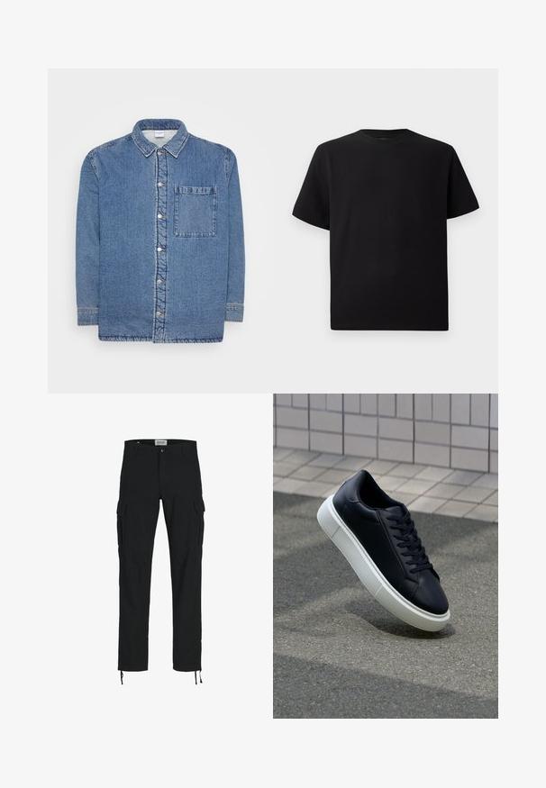 Denimhemd, blau, mit langen Ärmeln und Knopfleiste vorne. Verfügt über einen spitzen Kragen und eine einzelne Brusttasche. Strukturierter Stoff.; Schwarzes Kurzarm-T-Shirt aus strukturiertem Stoff, mit einem Rundhalsausschnitt und einer lockeren Passform. Einfach, ohne Muster oder Akzente.; Schwarze Cargo-Hosen mit geradem Schnitt, ausgestattet mit Seitentaschen, einem Knopfverschluss und elastischen Zugbändern an den Knöcheln. Hergestellt aus strapazierfähigem Stoff.; Schwarze Leder-Sneaker mit runder Zehenpartie und weißer Gummisohle. Verfügt über flache Schnürsenkel und minimale Nähte im Obermaterial. Strukturiertes Sohlenprofil für besseren Halt.