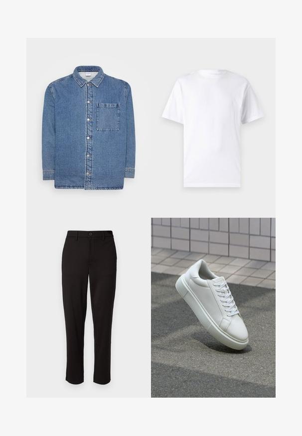 Niebieska koszula dżinsowa, z długimi rękawami i zapinana na guziki z przodu. Posiada wyłogowy kołnierzyk i jedną kieszeń na piersi. Teksturowany materiał.; Biała koszulka z krótkim rękawem wykonana z bawełny, z okrągłym dekoltem, o gładkiej fakturze i prostym designie, bez wzorów i akcentów.; Czarne spodnie wykonane z lekkiego materiału, posiadające prostą nogawkę, zapięcie na guziki z przodu, szlufki na pasek oraz boczne kieszenie.; Białe skórzane trampki z gładką powierzchnią, okrągłym noskiem i płaskimi białymi sznurowadłami. Posiadają teksturowaną gumową podeszwę oraz minimalistyczne elementy projektowe.