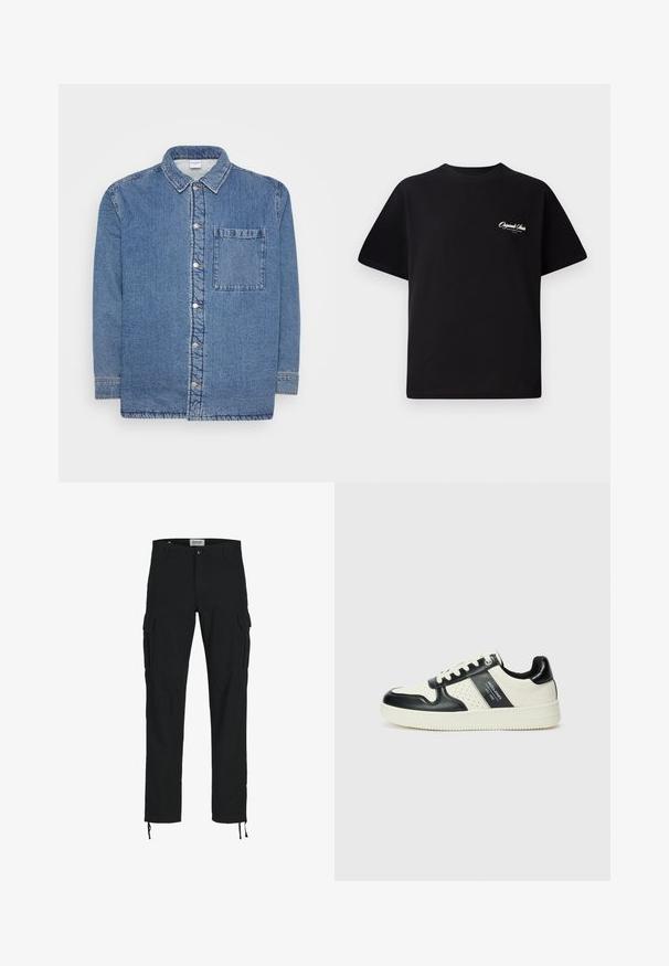 Sinine teksapaita, pikkade varrukatega ja nööbiga ees. Omab teravat kraed ja ühte rinna taskut. Tekstureeritud kangas.; Must mustrüst t-särk, millel on ümar kaelus, lühikesed varrukad ja väike valge logo tekst vasakul rinnal. Lihtne disain, klassikaline sobivus.; Mustad mustad püksid sirge lõikega, külje taskutega, nööbiga kinni ja elastsete paeltega pahkluudes. Valmistatud vastupidavast kangast.; Nahatud nahkkingad musta ja kreemi värviskeemiga, millel on perforeeritud aktsendid, pehme krae ja tekstureeritud tallad.
