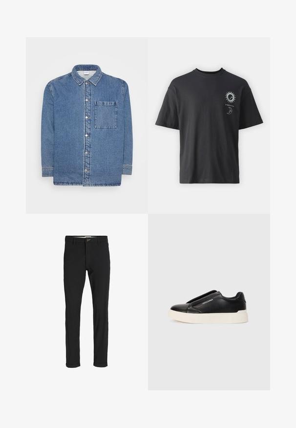 Farmer ing, kék, hosszú ujjú, gombos elülső részel. Hegyes gallérral és egyetlen mellzsebbel rendelkezik. Texturált anyag.; Fekete pamut póló rövid ujjakkal, kerek nyakkal, elől nap és hold grafikával, mellette a "Le Soleil et La Lune" szöveggel.; Fekete pamut keverék nadrág, slim fit szabással, gombos záródással, zsebekkel és felgöngyölt szárakkal a laza végeredményért.; Fekete slip-on sneaker, textúrált bőrfelsővel, fehér gumitalppal és láthatatlan fűzőkkel. Az oldalon a márka logója található.