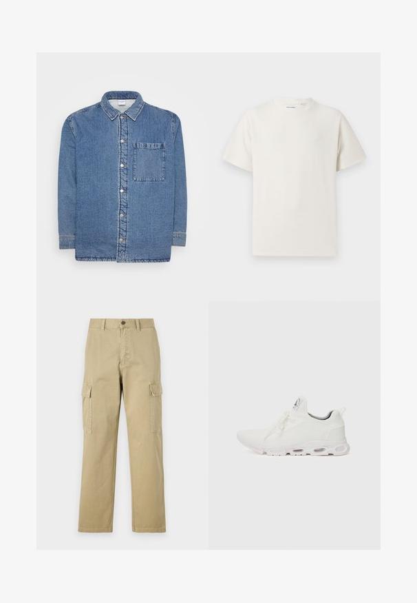 Traper košulja, plava, s dugim rukavima i kopčanjem sprijeda. Ima oštar ovratnik i jednu džepnu otvorinu na prsima. Teksturirana tkanina.; Bijela kratka majica s kratkim rukavima u rebrastoj teksturi. Okrugli izrez, ležeran kroj, bez vidljivih uzoraka ili akcenta. Jednostavan i svestran dizajn.; Bež cargo hlače izrađene od pamuka, s dva bočna džepa, zatvaranjem na gumb i ravnim nogavicama od blago teksturirane tkanine.; Bijele atletske tenisice s gornjim dijelom od teksturiranog pletenog materijala, ravnim vezicama i jastučićem u potplatu s vidljivim zračnim komorama radi dodatne potpore.