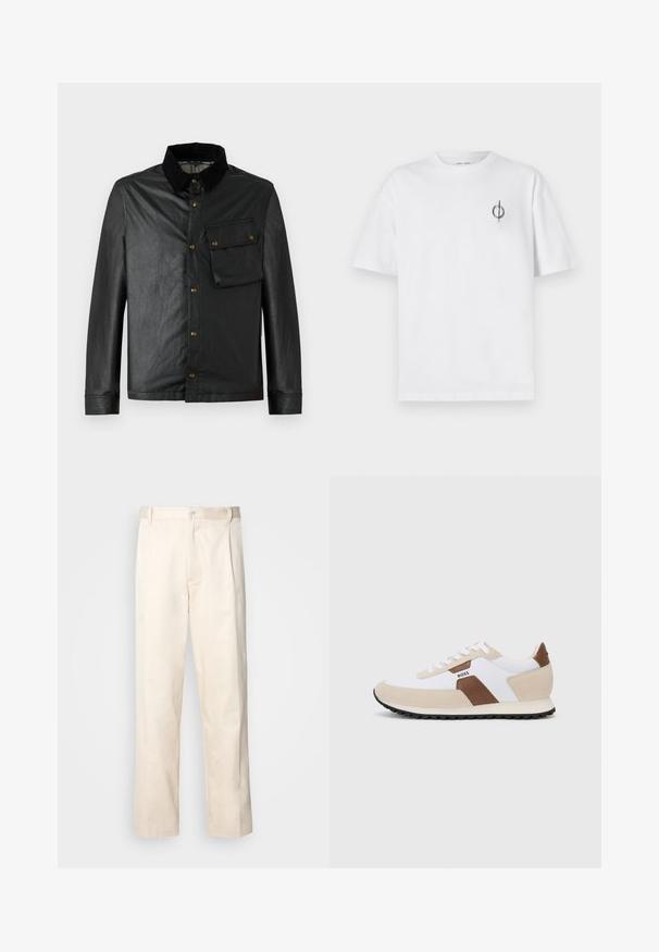 Črna, lahka bunda z gumbom na sprednji strani, žametnim ovratnikom in žepom na prsih. Ima medeninasto opremo in gladko, rahlo sijočo teksturo.; Bela bombažna majica s sproščenim krojem, ki ima majhen črn grafični logotip na levem prsnem delu. Kratke rokave, okrogel izrez.; Bež cottone hlače s ravnim krojem, ki imajo gumbasto zapiranje in nabore spredaj za dodatne detajle.; Tenisice z mešanico belega mrežnega materiala in bež usnja, s poudarkom iz rjavega usnja. Okrogla konica, raven gumijast podplat in vezalni dizajn.