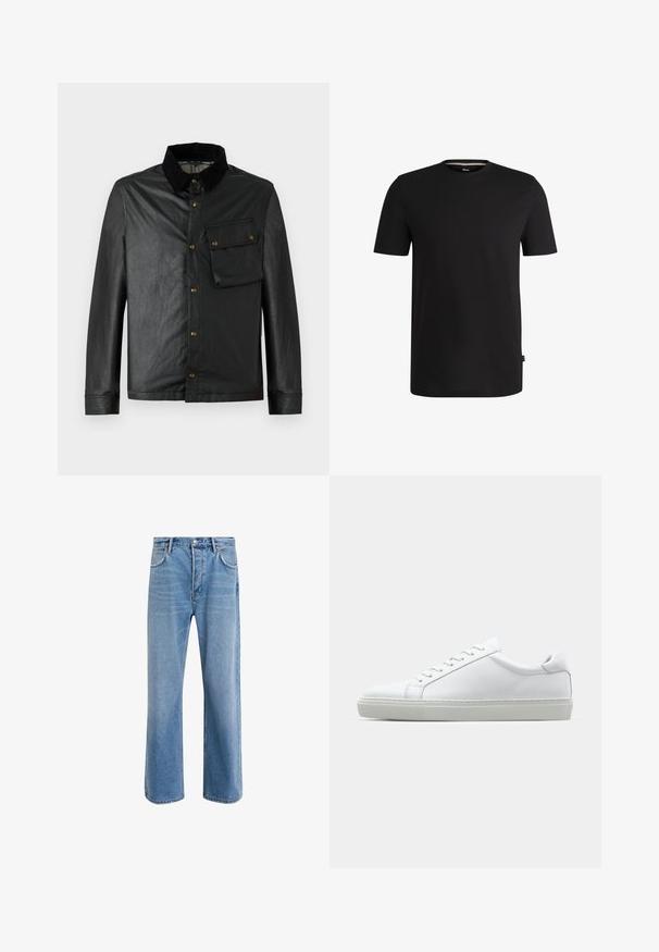 Czarna, lekka kurtka z zapięciem na guziki, sztruksowym kołnierzem i kieszenią na piersi. Posiada mosiężne elementy i gładką, lekko błyszczącą teksturę.; Czarny krótki rękaw t-shirt wykonany z gładkiej bawełny z okrągłym dekoltem. Posiada subtelną metkę marki po lewej stronie w pobliżu dolnego brzegu.; Jasnoniebieskie dżinsy o prostym kroju, pięć kieszeni, zapięcie na guzik, minimalne blaknięcia i kontrastowe wykończenia szwów.; Białe sneakersy z gładką skórzaną cholewką i niskim profilem. Posiadają okrągły nos, sześć dziurek na sznurówki oraz teksturowaną gumową podeszwę.