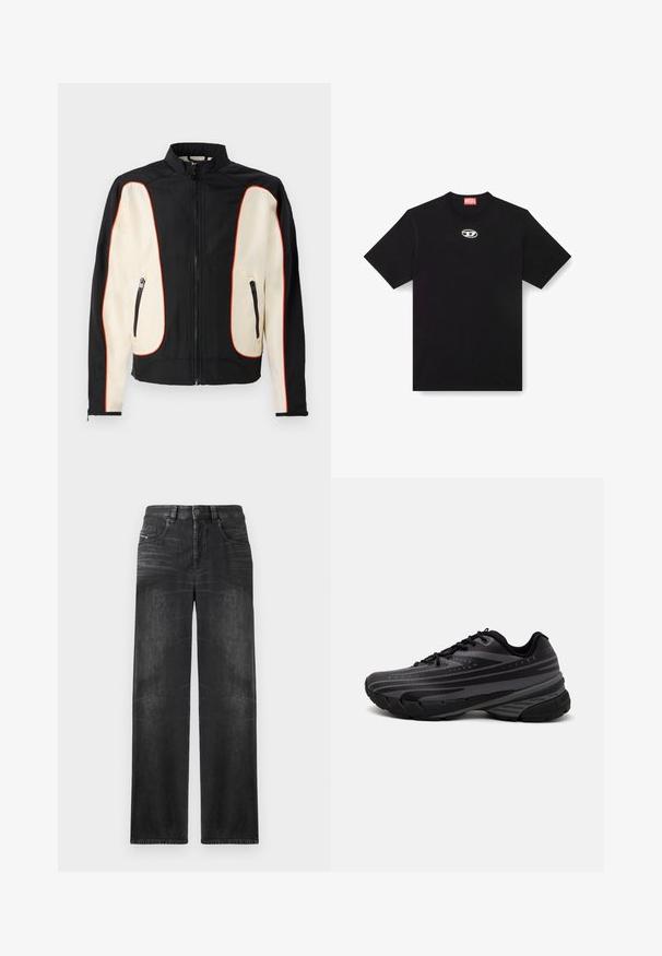 Svart och krämfärgad jacka med ståkrage. Har röd kantning, två fickor med dragkedja och ett slitstarkt, något texturerat tyg.; Svart bomulls-t-shirt med rund hals och korta ärmar. Har en liten, silverfärgad logotyp broderad i mitten av framsidan.; Svarta rak ben-jeans i denim, med fem fickor, bälteshällor och subtila blekningar på tyget för struktur.; Svart löparsko med en texturerad ovandel och grå ränder. Tjock sula för dämpning, rund tå och platta snören för en säker passform.