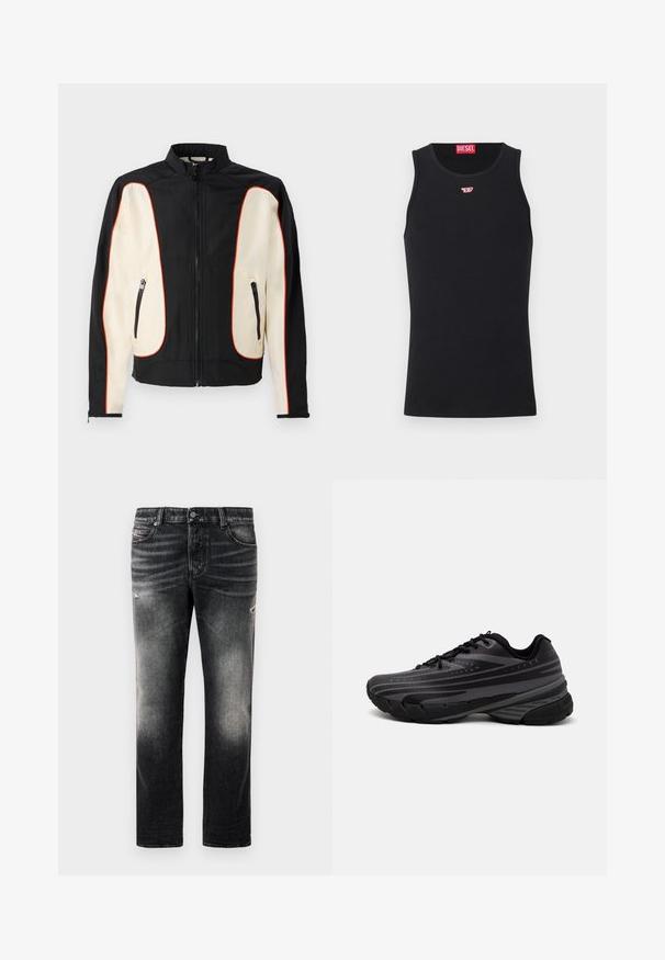 Casaco preto e creme com gola alta. Apresenta detalhes em vermelho, dois bolsos com zíper e um tecido liso, com uma textura ligeiramente texturada.; Camisola preta sem mangas feita de tecido suave, com decote redondo, aberturas para os braços e um pequeno logótipo vermelho no peito. Design simples.; Calças jeans pretas com acabamento desbotado e detalhes desgastados, design padrão de cinco bolsos e fecho com zip. Feitas de tecido denim.; Shoe de corrida preta com um cabedal texturizado apresentando riscas cinzentas. Sola grossa para amortecimento, bico redondo e atacadores planos para um ajuste seguro.