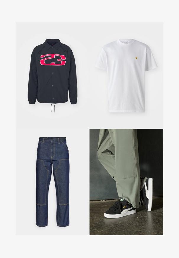 Black windbreaker jacket featuring a large pink and white graphic logo. It has a button-up front, ribbed cuffs, and an adjustable hem.; White cotton t-shirt with short sleeves, crew neck, featuring a small gold logo on the left chest area. Soft texture and regular fit.; Dark blue denim jeans with a high waist, straight leg design, contrasting stitching, and patch pockets on the front.; Black suede sneakers with white rubber soles and side stripes, paired with light green cargo pants, standing on a textured dark surface.