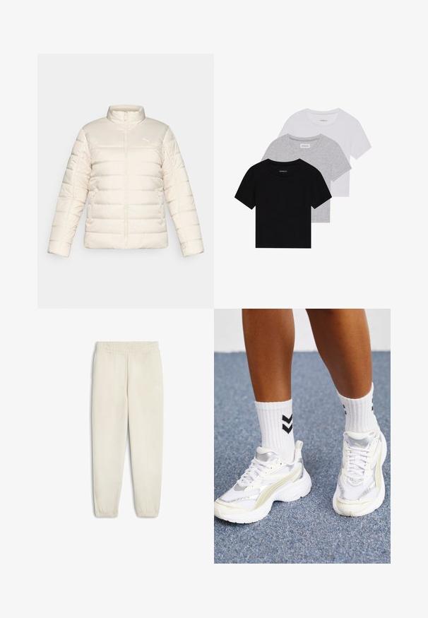 Krém színű, steppelt pufijakó, teljes elől zippel, magas gallérral, oldalsó zsebekkel és kis Puma logóval a mellkason.; Három rövidujjú póló készlet fekete, szürke és fehér színben. Pamutból készült, kerek nyakú, egyszerű, egyszínű dizájnnal.; Világos bézs színű, puha anyagból készült melegítőnadrág, elasztikus derékrésszel, bokánál szűkített szárakkal és egy kis fehér logóval az oldalon.; Fehér sportcipők ezüst kiegészítőkkel, hálós anyagból, és masszív dizájnnal. Fehér zoknikkal párosítva, melyeken fekete chevron minták találhatók.