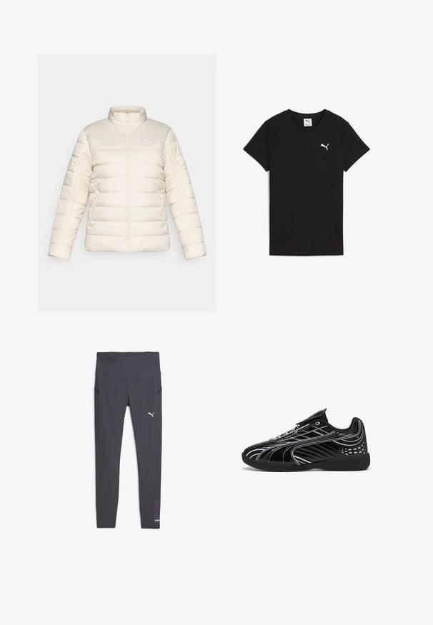 Kreemi värvi õmmeldud pufferjakk, millel on täispikk tõmblukk, kõrge krae, küljetaskute tõmblukud ja väike Puma logo rinnal.; Mustat ribbitetyt lyhythihaiset t-paidat, joissa on pyöreä kaula-aukko ja valkoinen Puma-logo vasemmassa rintapielessä. Sileä pinta. Klassinen malli.; Harmaat urheilulegginsit, joissa on korkea vyötärö, sivutaskut ja purppura kuviointi alhaalla lahkeessa, valkoisella logolla.; Musta urheilujalkine, jossa on tyylikäs muotoilu, kiiltävä pinta, valkoiset yksityiskohdat, verkkomaiset paneelit hengittävyyttä varten ja tarranauha.