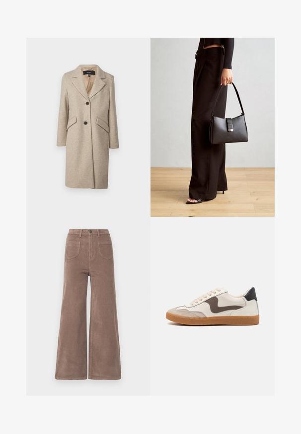 Cappotto in misto lana beige con revers a punta, due grandi tasche frontali e bottoni sul davanti. Texture liscia, design transitorio.; Maglietta a maniche lunghe grigia a righe con scollatura rotonda e vestibilità rilassata. Le righe verticali in grigio chiaro contrastano con la texture del tessuto più scuro.; Pantaloni a gamba larga in velluto a coste marrone con vita alta, dotati di chiusura a bottone, due tasche posteriori e texture a coste verticali.; Sneaker con tomaia in pelle crema, con accento in suede marrone scuro, lacci beige e suola in gomma; design classico a profilo basso.; Borsa nera con forma strutturata, texture liscia e una chiusura metallica. Abbinata a pantaloni neri larghi e sandali open-toe su un pavimento in legno.