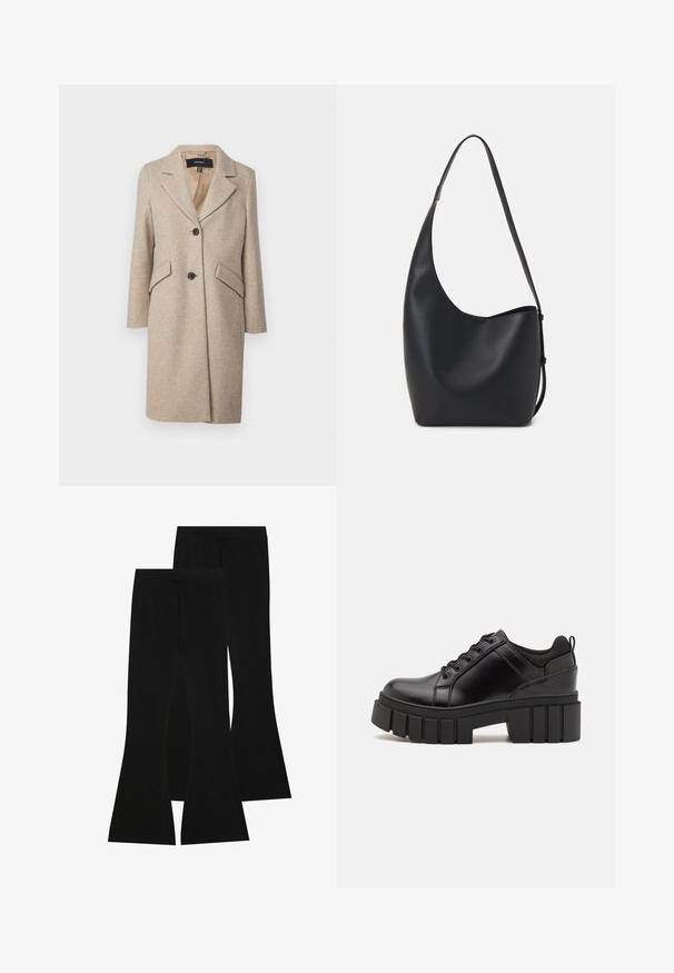 Cappotto in misto lana beige con revers a punta, due grandi tasche frontali e bottoni sul davanti. Texture liscia, design transitorio.; Due camicie a maniche lunghe: una nera e una bianca. Entrambe presentano un col a girocollo, maniche raglan e un morbido tessuto in misto cotone.; Pantaloni neri a zampa d'elefante realizzati in tessuto elasticizzato, con vita alta e una superficie liscia, dal taglio aderente che si allarga a partire dal ginocchio.; Scarpe platform in pelle nera con tacco a blocco robusto, punta rotonda e design tradizionale con lacci. Presentano una superficie liscia e dettagli minimi.; Borsa hobo nera in pelle con una superficie liscia, forma curvata e una singola tracolla regolabile; presenta un'ampia apertura nella parte superiore.