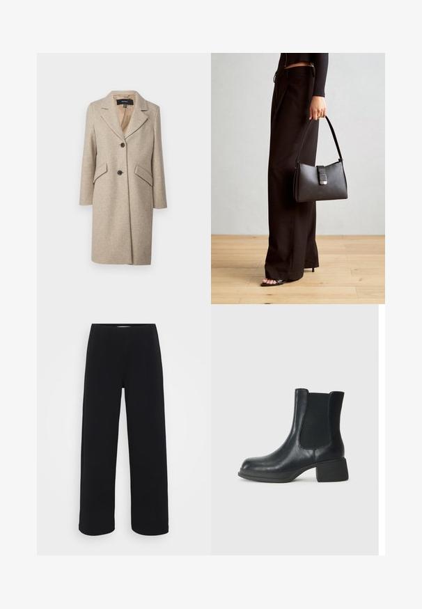 Manteau en mélange de laine beige avec revers cranté, deux grandes poches avant et boutons sur le devant. Texture lisse, design de transition.; Even&Odd Petite 2 PACK - T-shirt basique - white/black; Pantalons larges noirs avec une taille élastique. Fabriqués à partir d'un matériau texturé, ils présentent une coupe ample et droite des hanches à l'ourlet.; Bottine en cuir noir avec panneaux latéraux élastiques, bout rond et petit talon en bloc. La surface a une texture lisse et un minimalisme dans les détails.; Sac à main noir à la forme structurée, texture lisse et fermoir métallique. Associé à un pantalon noir ample et des sandales ouvertes sur un sol en bois.