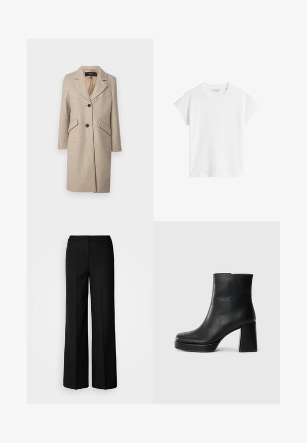 Manteau en mélange de laine beige avec revers cranté, deux grandes poches avant et boutons sur le devant. Texture lisse, design de transition.; T-shirt blanc à manches courtes en coton. Présente une coupe décontractée avec un col rond et des coutures d'épaule légèrement abaissées. Sans motifs ni accents.; Pantalons larges noirs en tissu lisse, dotés d'une taille haute, de coutures taillées et d'un design minimaliste. Aucun matériel visible ni poches.; Bottine en cuir noir avec un talon bloc et une semelle plateforme, vue de côté sur un fond blanc uni.
