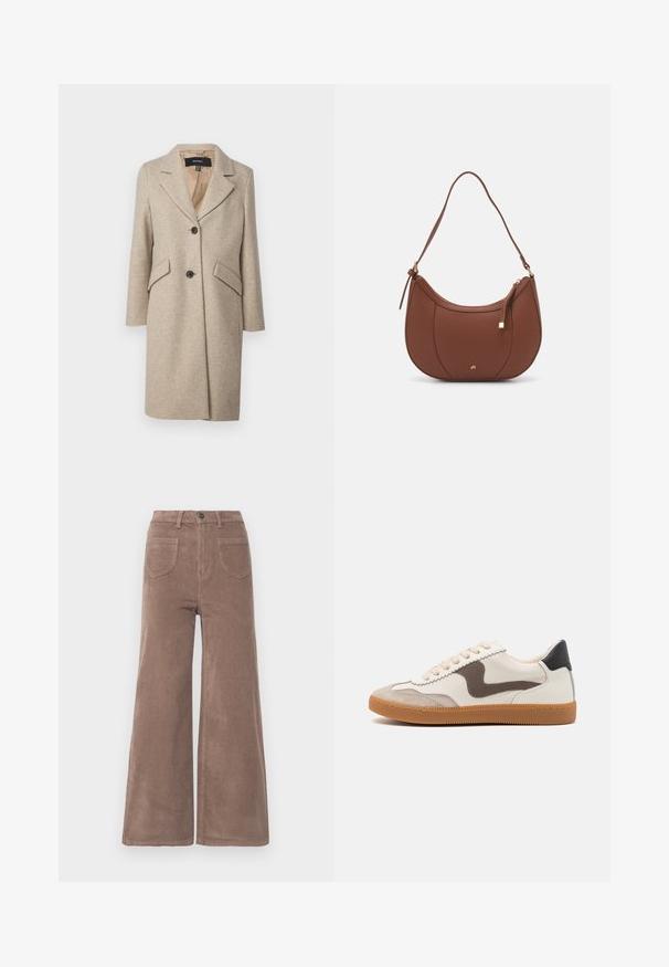 Beige uldblandingsfrakke med en nakkeklap, to store forlommer og knapper ned foran. Glat tekstur, overgangsdesign.; Even&Odd Petite 2 PACK - Top - light grey/black; Brune kordfløjs bredbenede bukser med høj talje, der har en knaplukning, to baglommer og lodrette ribbede strukturer.; Sneakers med en cremefarvet læderoverdel, en mørkebrun svine læder detalje, beige snørebånd og en gummigummisål; klassisk lavprofil design.; Brun faux læder skuldertaske med buet form, minimal syning og en guldtonet hardwaredetalje. Har en top lynlåslukning og justerbar rem.