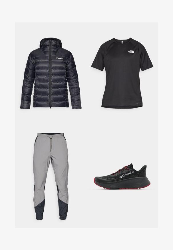 Fekete puffdzseki kapucnival, steppelt kialakítással és teljes hosszúságú cipzárral az elülső részen. A bal mellen kontrasztos logó található.; Fekete, rövid ujjú sportpóló struktúrált anyagból, bal mellen fehér logóval és egyenes aljjal.; Könnyű, szürke sportnadrág fekete részletekkel. Rugalmas derékpánt, zsinóros zárás, szabott lábszár kialakítás és oldalsó zsebek.; Fekete sportcipő texturált felsőrésszel, piros fűzőkkel és logóval. Vastag talp, mintás járófelülettel a tapadásért. Minimalista dizájn, oldalnézet.