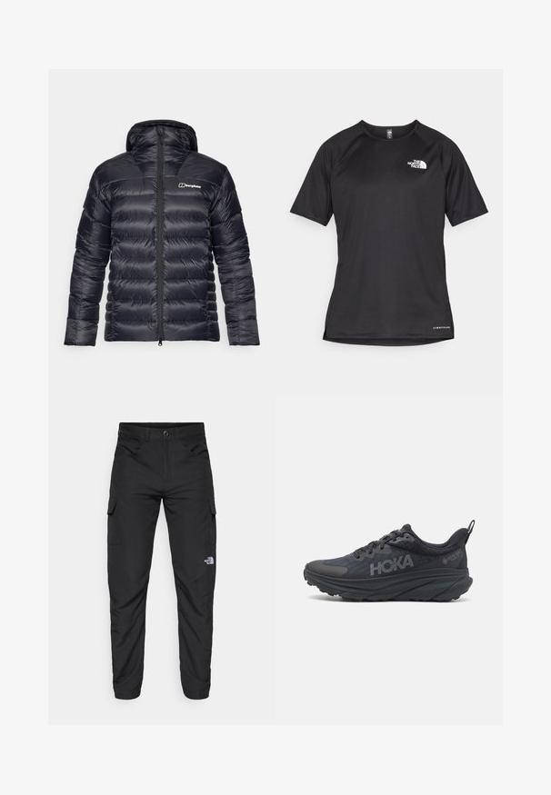 Juodas pūkuotas švarkas su gaubtu, pasižymintis suklijuotu dizainu ir pilna užtrauktuko priekyje. Apima kontrastingą logotipą kairėje krūtinės pusėje.; Juoda trumpa rankovė atletinė marškinė, pagaminta iš tekstūruotos medžiagos, su baltu logotipu kairėje krūtinės pusėje ir tiesiu apdailos kraštu.; The North Face HORIZON PANT - Lauko kelnės - black; Juodas Hoka bėgimo batelis su tinklu viršuje, tekstūruotais akcentais ir storu, paminkštintu padu su siaurėjančiais kraštais, užtikrinančiais geresnę atramą.