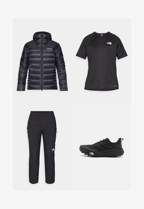 Must musta jope kapuutsiga, millel on tikandistiil ja täispikk tõmblukk. Vasakul rinnaosal on kontrastne logo.; Must mustreening, lühikeste varrukatega sportpoliis, millel on tekstuuriga kangas, valge logo vasakul rinnal ja sirge äär.; The North Face WINTER EXPLORATION TAPERED CARGO - Õuepüksid - black; Must tume jooksujalats musta värvi, tekstuurse ülemise osaga, kummist tallaga ja tugevdatud varbaga. Omab pehmendusega krae ja tõmblinti mugavaks selga panemiseks.