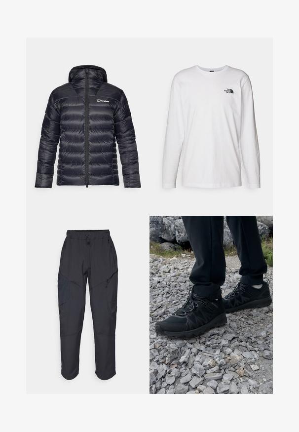 Zwarte pufferjas met een capuchon, voorzien van een doorgestikt ontwerp en een volledige rits aan de voorkant. Inclusief een contrasterend logo op de linkerkant van de borst.; Witte lange mouwen T-shirt gemaakt van katoen met een ronde hals. Beschikt over een klein zwart logo op de borst. Soepele textuur, normale pasvorm.; Zwarte cargo pants gemaakt van een lichtgewicht, waterafstotend materiaal; voorzien van een elastische tailleband, meerdere met rits gesloten zakken en taps toelopende pijpen.; Zwarte buitenschoenen van mesh en synthetisch materiaal, met een gestructureerd bovenwerk, een beveiligd vetersysteem en een robuuste zool, op een ruig terrein.