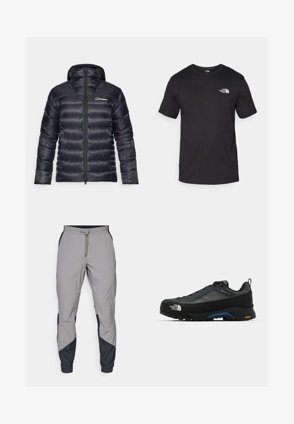 Giacca a vento nera con cappuccio, caratterizzata da un design trapuntato e una chiusura frontale con zip completa. Include un logo a contrasto sul lato sinistro del petto.; T-shirt nera a maniche corte in cotone, con scollatura rotonda e un piccolo logo bianco nell'area superiore sinistra del petto.; Pantaloni sportivi leggeri grigi con accenti neri. Vita elastica, chiusura con cordino, design a gamba affusolata e tasche laterali.; The North Face VERTO ALPINE GORE TEX - Scarpa da hiking - asphalt grey/tnf black
