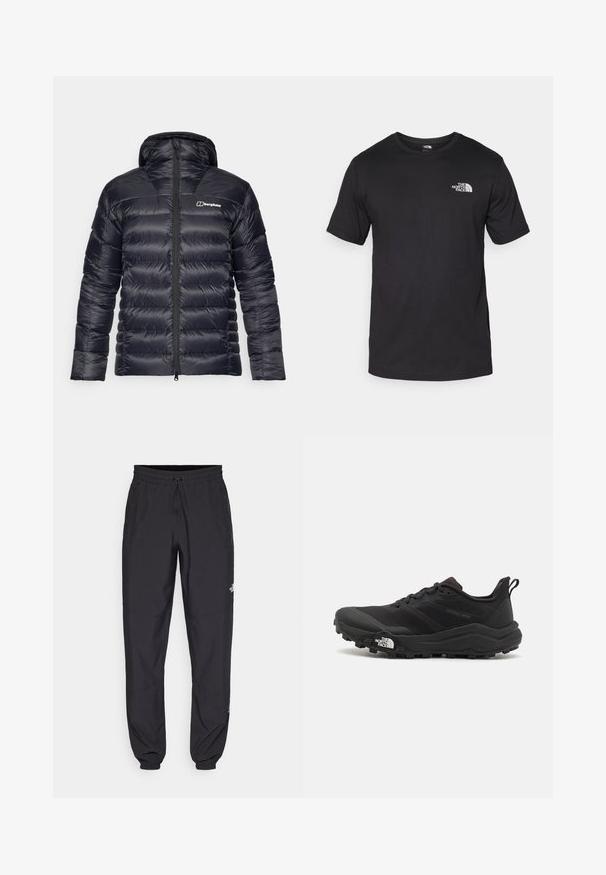 Giacca a vento nera con cappuccio, caratterizzata da un design trapuntato e una chiusura frontale con zip completa. Include un logo a contrasto sul lato sinistro del petto.; T-shirt nera a maniche corte in cotone, con scollatura rotonda e un piccolo logo bianco nell'area superiore sinistra del petto.; Pantaloni sportivi neri realizzati in tessuto leggero, con vita regolabile con cordino, tasche laterali e orli affusolati alle caviglie.; Scarpa da trail running nera con tomaia texture, suola in gomma e punta rinforzata. Presenta un collare imbottito e un tassello per un indossamento facile.