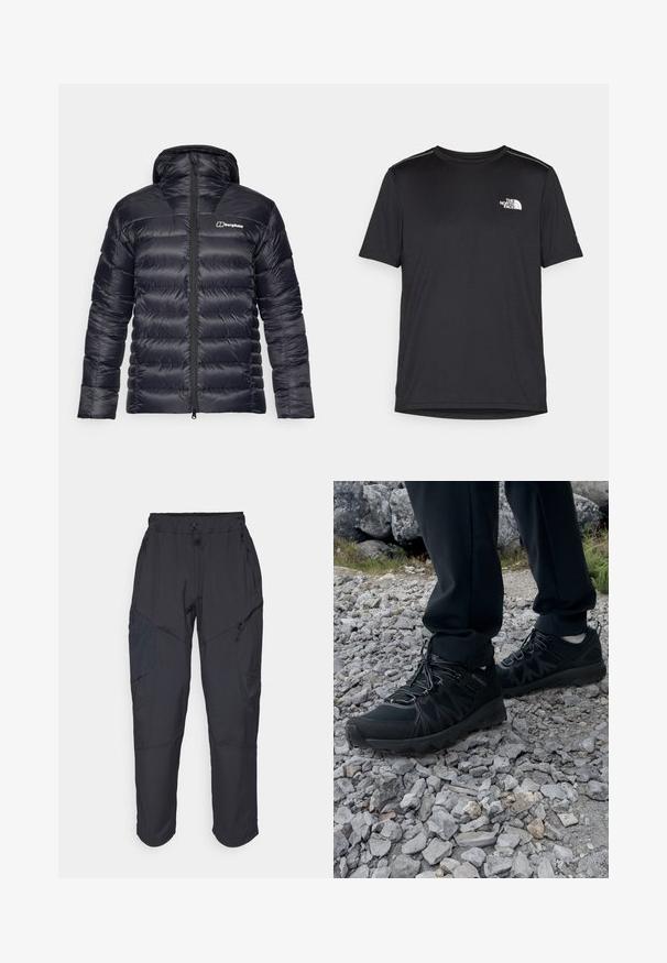 Giacca a vento nera con cappuccio, caratterizzata da un design trapuntato e una chiusura frontale con zip completa. Include un logo a contrasto sul lato sinistro del petto.; T-shirt nero a maniche corte realizzata in tessuto leggero. Presenta un piccolo logo bianco sul lato sinistro del petto e delicati dettagli sulle spalle.; Pantaloni cargo neri realizzati in un materiale leggero e resistente all'acqua; presentano una vita elastica, diverse tasche con zip e gambe affusolate.; Scarpe da esterni nere realizzate in mesh e materiale sintetico, con una parte superiore testurizzata, un sistema di allacciatura sicuro e una suola robusta, su terreno roccioso.