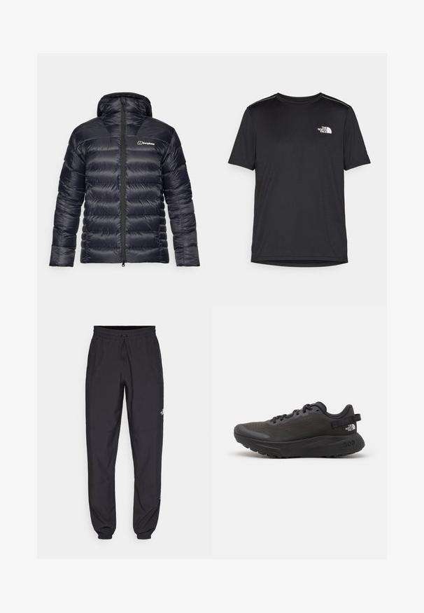 Čierna puffrová bunda s kapucňou, so štruktúrovaným dizajnom a celým zipsom vpredu. Obsahuje kontrastné logo na ľavej hrudi.; Čierne tričko s krátkym rukávom vyrobené z ľahkej tkaniny. Obsahuje malé biele logo na ľavej hrudi a jemné akcenty na pleciach.; Čierne športové nohavice vyrobené z ľahkej tkaniny, s elastickým pásom na šnurovanie, bočnými vreckami a zúženými manžetami na členkoch.; Čierna športová obuv s vrchným materiálom z miešania, polstrovaným golierom a gumovou podrážkou. Obsahuje textúrovaný dizajn a branding na päte. Ľahká konštrukcia.