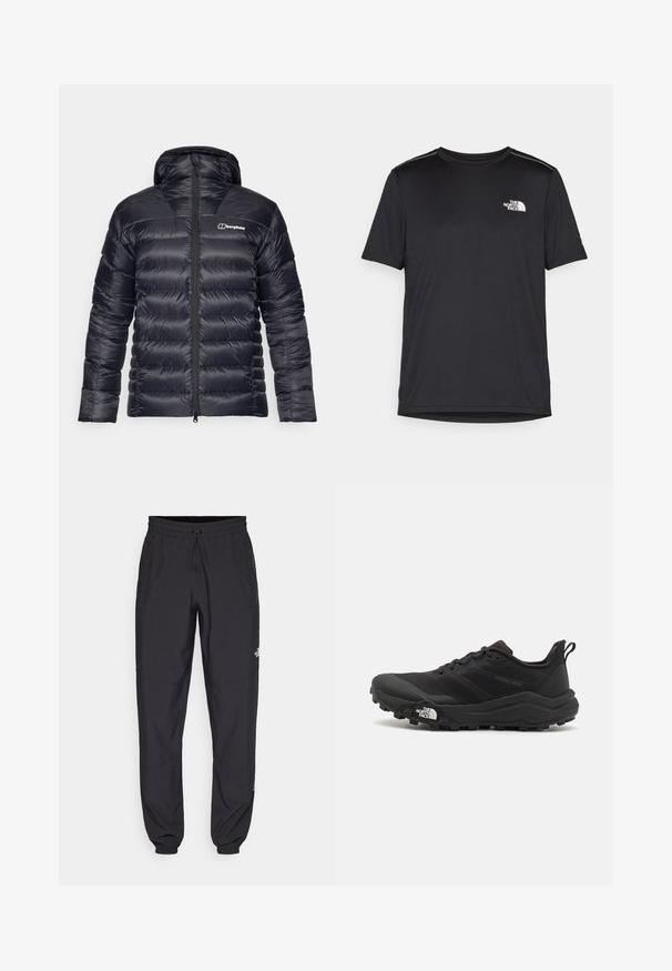 Doudoune noire avec capuche, dotée d'un design matelassé et d'une fermeture éclair sur le devant. Comprend un logo contrastant sur la poitrine gauche.; T-shirt noir à manches courtes en tissu léger. Présente un petit logo blanc sur la poitrine gauche et des accents subtils aux épaules.; Pantalon de sport noir en tissu léger, avec une taille à cordon, des poches latérales et des chevilles resserrées.; Chaussure de trail running noire avec une tige texturée, semelle en caoutchouc et bout renforcé. Présente un col rembourré et une tirette pour un enfilage facile.