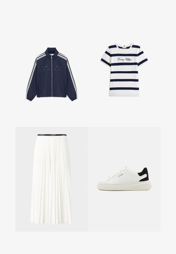 Veste bleu marine avec une fermeture éclair à l'avant, des accents en dentelle sur les épaules, des panneaux latéraux rayés blancs et une broderie d'étoile sur la poitrine.; T-shirt en coton avec des rayures horizontales bleu marine sur un fond blanc. "Tommy Hilfiger" brodé en écriture cursive sur la poitrine. Encolure ras du cou.; Jupe plissée blanche avec une taille élastique noire portant le logo "LACOSTE". Design mi-long avec une texture douce.; Baskets en cuir blanc avec une épaisse semelle blanche, un accent en daim noir au niveau du talon et un logo embossé sur le côté. Design à lacets avec six œillets.