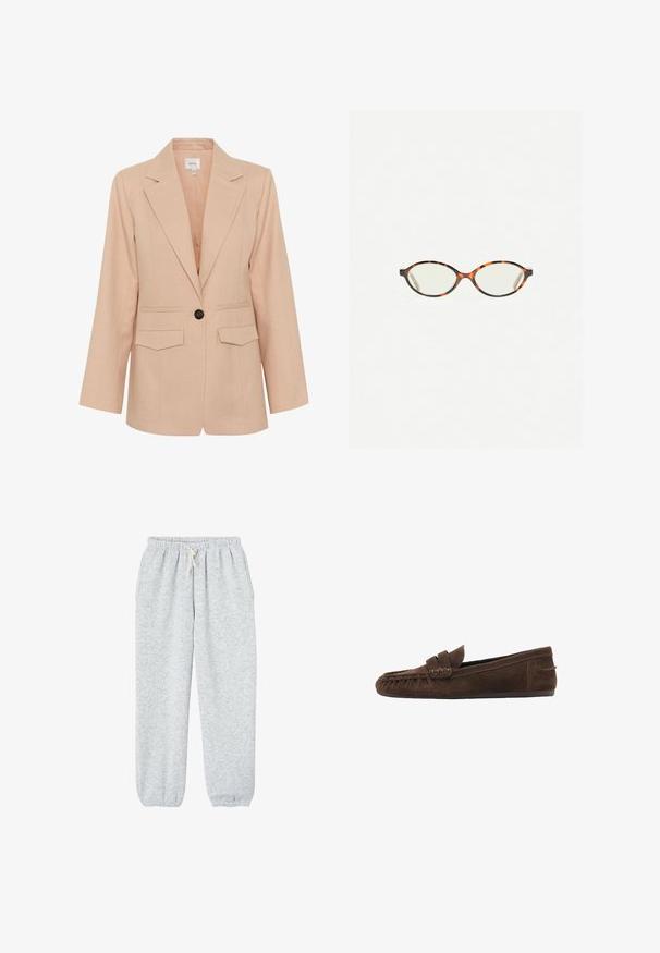 Gestuz MANU - Kort kappa / rock - rose dust; Grå kortärmad tröja gjord av mjukt, fluffigt material. Har långa ärmar och en rund halsringning, med en slät, lätt textur.; Grå sweatshirtbyxor gjorda av mjukt tyg, med ett elastiskt midjeband och dragsko, samt elastiska fållar vid anklarna.; Bruna mockaimitation loafers med en texturerad ovandel, med en flätad detalj och en platt sula, designade för avslappnad komfort och enkel användning.; Sköldpaddsmönstrade glasögon med ovala linser och en elegant, slät yta. Har tunna sidor med en subtil kurva vid tinningarna. Klara linser.
