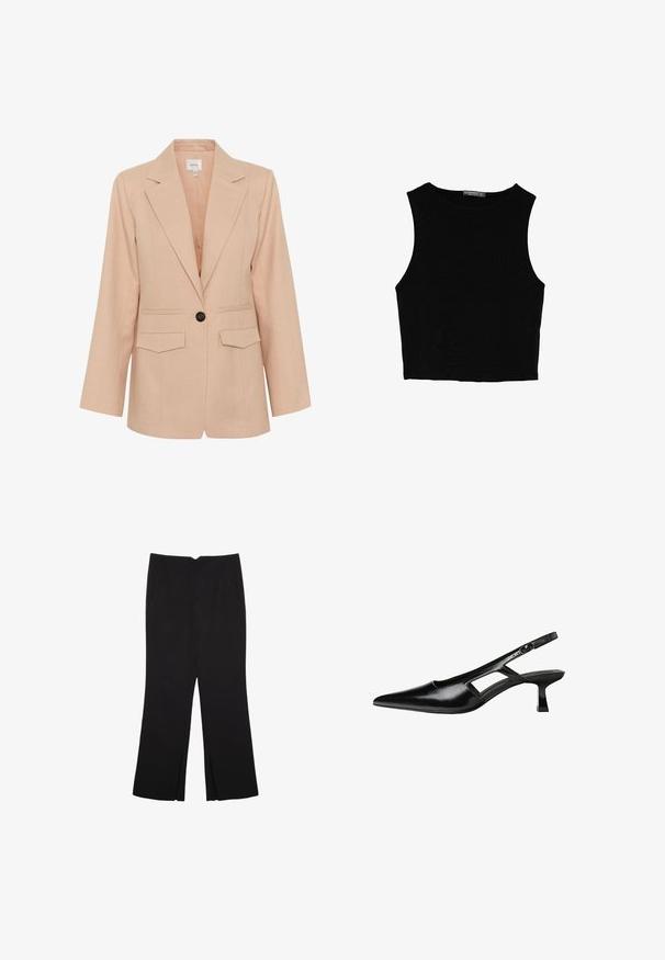 Gestuz MANU - Pitkä takki - rose dust; Musta hihaton crop-top, joka on valmistettu sileästä kankaasta, jossa on pyöreä kaula-aukko ja siisti, yksinkertainen muotoilu ilman kuvioita tai varusteita.; Mustat housut suoralinjaisella leikkauksella, joissa on etutaskut ja sivurei'ät helman alla. Valmistettu pehmeästä ja sileästä kankaasta. Sopii eri tilaisuuksiin.; Mustat lakatut nahkakengät, joissa on viistopää, leikattu sivusuunnassa ja pieni neliökoroke. Sujuva pinta, jossa on minimaalinen koristelu.