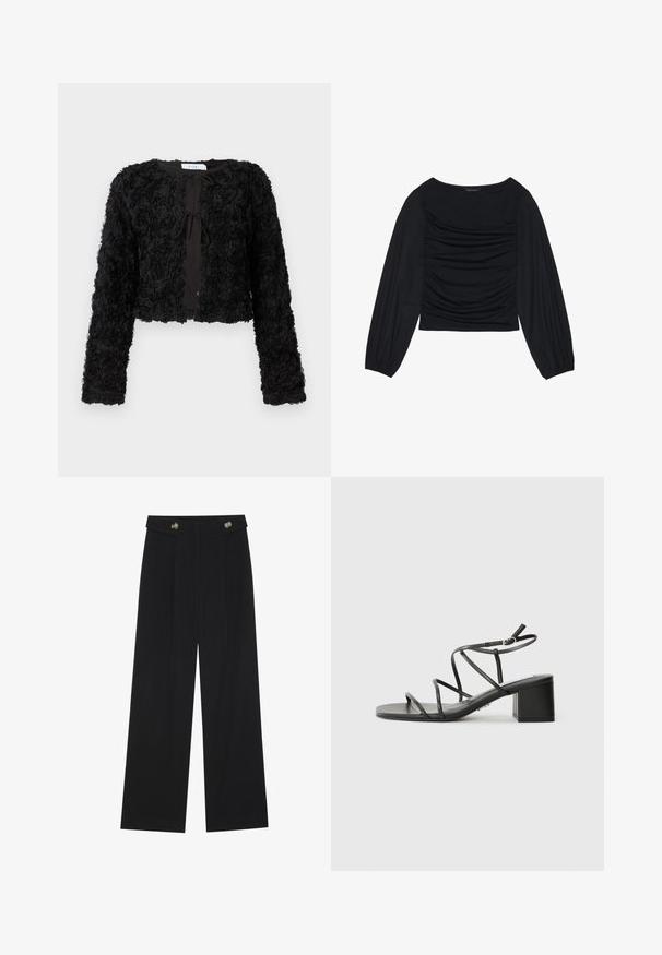 Juodas trumpas švarkas su tekstūruotu gėlių raštu, turintis ilgus rankovės ir priekį užsagsto su varstymu, pagamintas iš minkštos medžiagos.; Juodas ilgomis rankovėmis viršus, su surinkta medžiaga priekyje ir ant riešų, pagamintas iš minkštos, elastingos medžiagos, su laivagalio kaklu.; Juodi plačios kojos kelnės su aukštu liemeniu, sagų detalėmis ant liemens ir priekinėmis raukšlėmis.; Juodos diržinės šlepetės su kvadratine nosimi ir masyviu kulnu, pagamintos iš lygios medžiagos. Yra reguliuojamos kulkšnies juostos ir minimalus aparatūra.