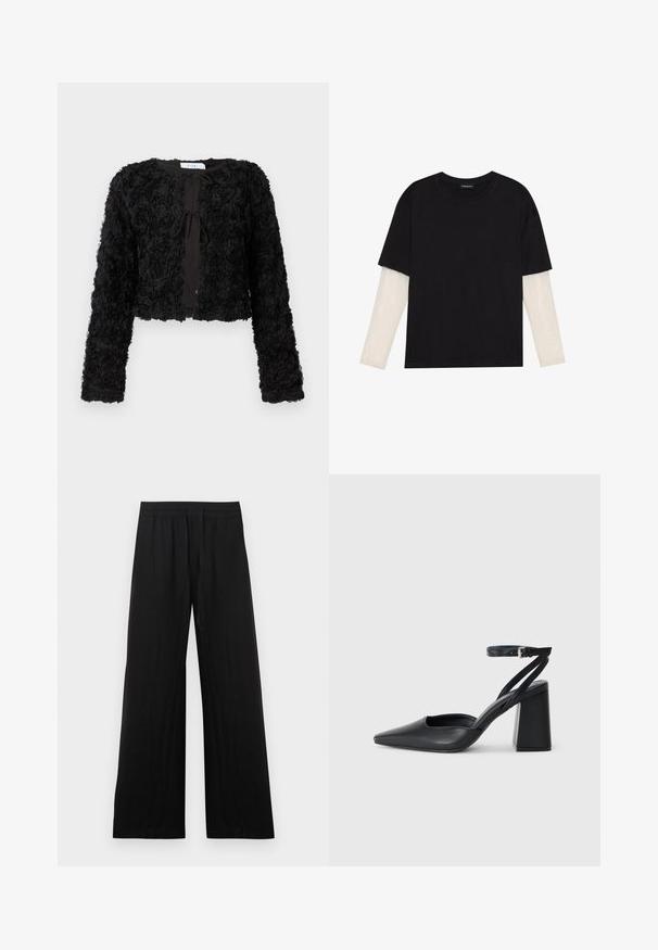 Juodas trumpas švarkas su tekstūruotu gėlių raštu, turintis ilgus rankovės ir priekį užsagsto su varstymu, pagamintas iš minkštos medžiagos.; Juodas medvilninis marškinėliai su trumpomis rankovėmis, virš baltos ilgo rankovio sluoksnio, turinčio subtilų tekstūrinį raštą. Apvalus iškirpimas.; Juodos plačios medvilninės kelnės. Turi elastingą juosmenį ir lygų, tekstūruotą paviršių. Be matomų raštų ar akcentų.; Juoda odinė smailiagalė aukštakulnio bateliai su kulkšnies dirželiu ir storu kulnu. Lygus paviršius, elegantiškas dizainas ir minimalistiška estetinė.