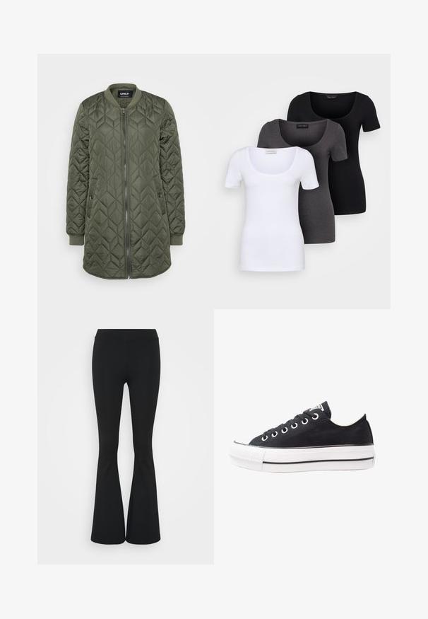 Olīvu zaļš quilted bomber jakas ar rāvējslēdzēju, ribota piegriezuma aprocēm un vertikālām dimanta formām, kas piešķir tekstūru.; Trīs pieguļoši T-krekli baltā, pelēkā un melnā krāsā. Katram ir plaša izgriezuma kakla un īsas piedurknes. Izgatavoti no gluda, elastīga auduma.; Melnas izplešanās bikses, izgatavotas no elastīga auduma, ar augstu vidukli un gludu tekstūru. Bikses izvēršas no ceļa.; Melnas kanvas kedas ar baltu gumijas zoli, apaļi purngali, zema dizaina, metāla acu caurumi un teksturēts purngals. Plāna melna svītra gar zoli.