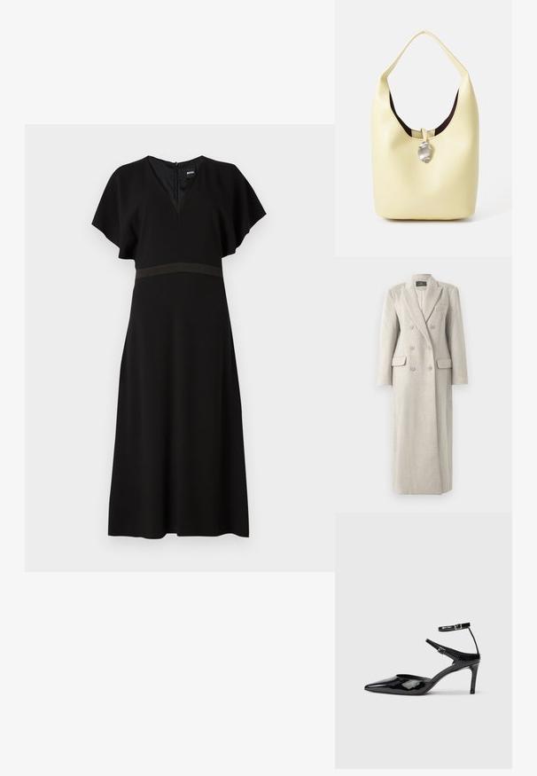 Manteau long en laine beige croisé avec col à revers, six boutons, deux poches à rabat et une poche poitrine, entièrement doublé à l'intérieur.; Robe noire avec un décolleté en V, des manches courtes papillon et une bande horizontale contrastante à la taille. Fabriquée à partir d'un tissu lisse et fluide.; Talons en cuir verni noir avec un bout pointu, des sangles de cheville ajustables et un talon fin. Texture lisse avec une finition brillante.; Sac hobo en cuir jaune doux avec une forme arrondie. Doté d'une finition lisse, d'une doublure intérieure sombre et d'un accent argenté au niveau de la fermeture.