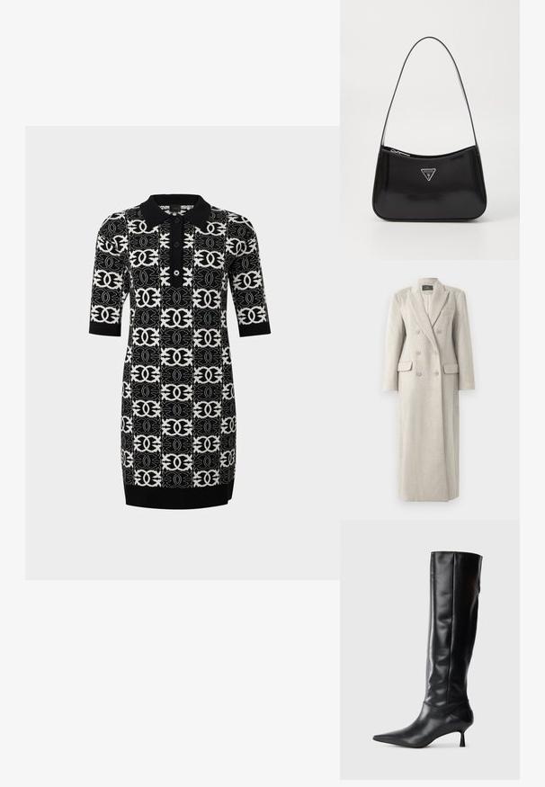 Lungo cappotto di lana beige doppiopetto con colletto a revers, sei bottoni, due tasche a pattina e una tasca sul petto, completamente foderato all'interno.; Abito polo in maglia con un motivo geometrico bianco e nero. Presenta maniche corte, un colletto e tre bottoni sul davanti.; Stivale in pelle nera alto fino al ginocchio con punta affusolata e tacco sottile e curvato. Texture liscia, design aderente e senza hardware o motivi visibili.; Borsa a spalla in pelle verniciata nera con forma curva, dotata di logo triangolare in argento e chiusura con zip. Texture liscia e tracolla sottile.