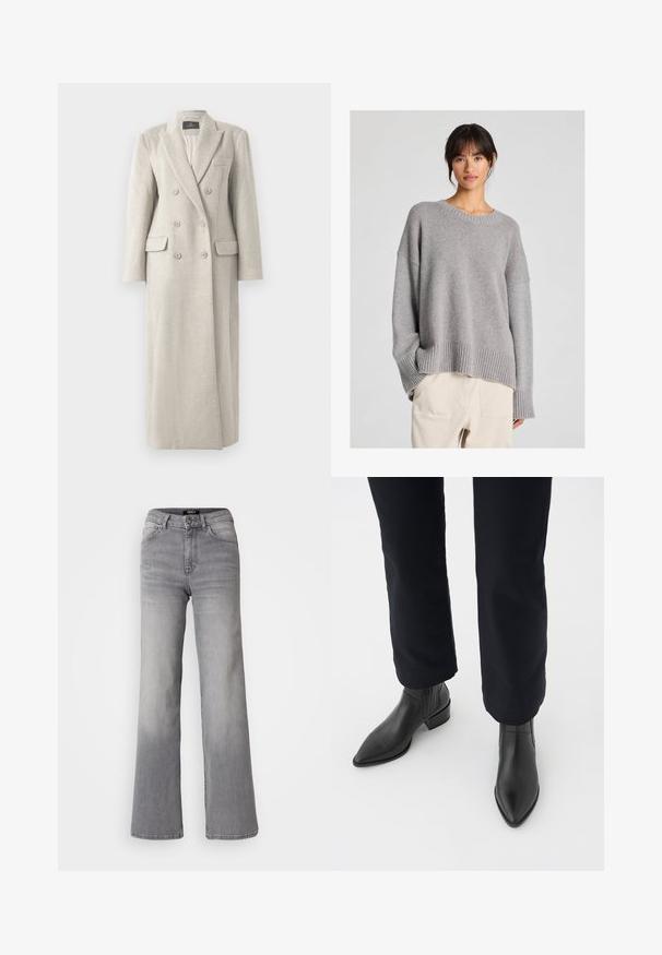 Dlhý béžový vlnený kabát s dvojakým zapínaním, so špicatým golierom, šiestimi gombíkmi, dvoma vreckami so záklopkami a jedným náprsním vreckom, plne podšitý.; Sivý pletený sveter s voľným strihom, okrúhlym výstrihom, rebrovanými manžetami a lemom. Mäkka textúra s jemným pleteným vzorom. Skombinovaný s svetlými nohavicami.; Džínsy z šedej denimu s vysokým pásom a rovnými nohavicami, s predným gombíkom a zipsom, prednými a zadnými vreckami, a vybledlým tieňovaním na stehnách a lýtkach.; Čierne kožené členkové čižmy s špicatou špičkou, blokovým podpätkom a textúrovanými bočnými panelmi, nosené s tmavými nohavicami na bielom pozadí.
